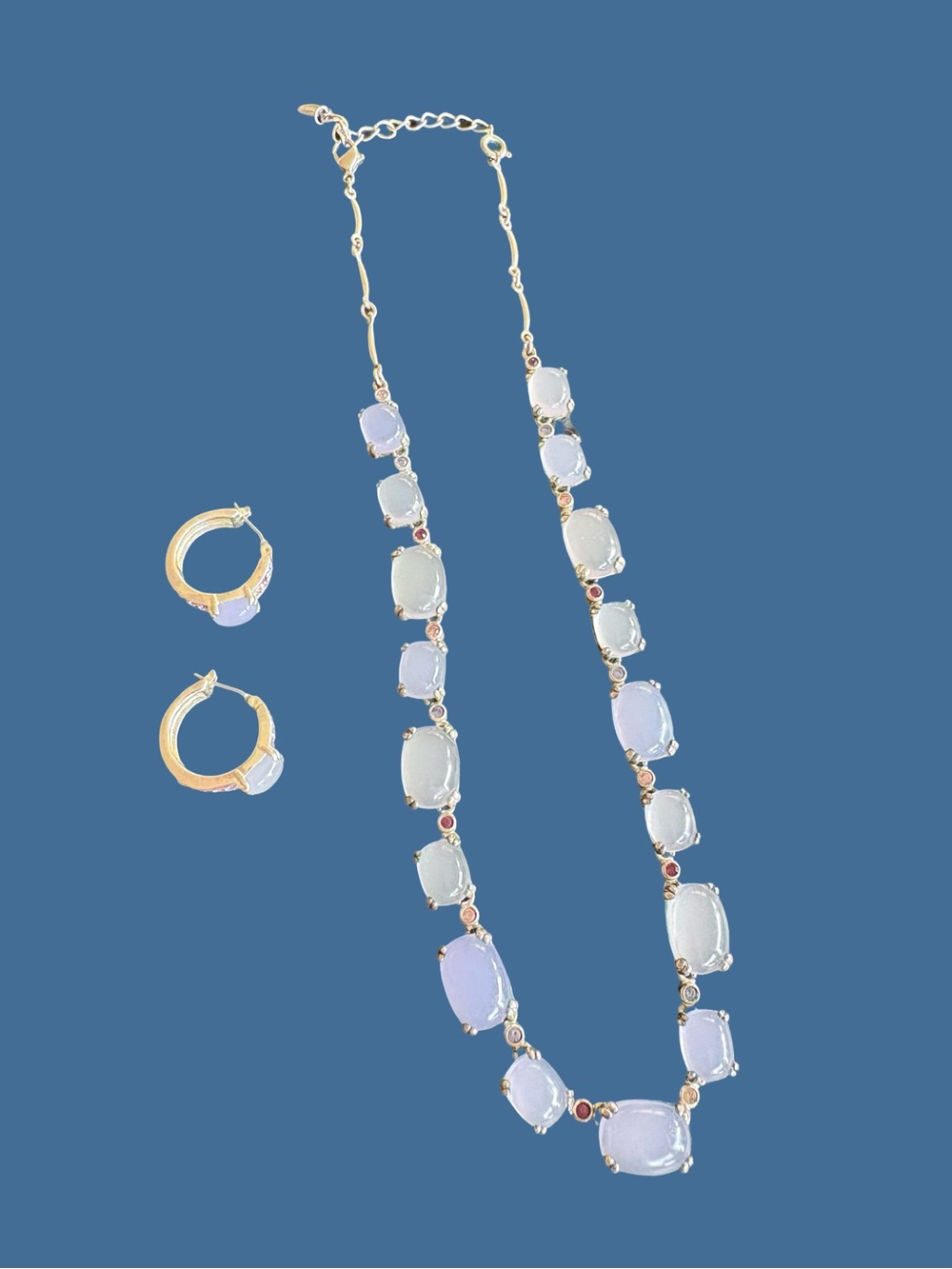 Vintage Monet silver Tone Necklace and Hoop Earring Set with Lavender Stones